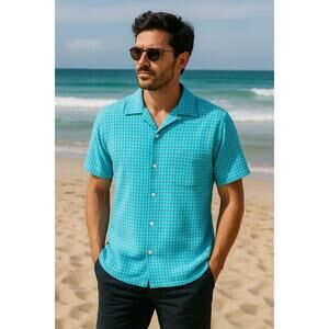 Chubby Wood CA Retro Camp Collar Button-Up Shirt L Turquoise Vintage-Style Surf